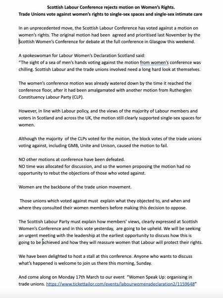Scottish Labour Conference this weekend - pro woman motions up for vote