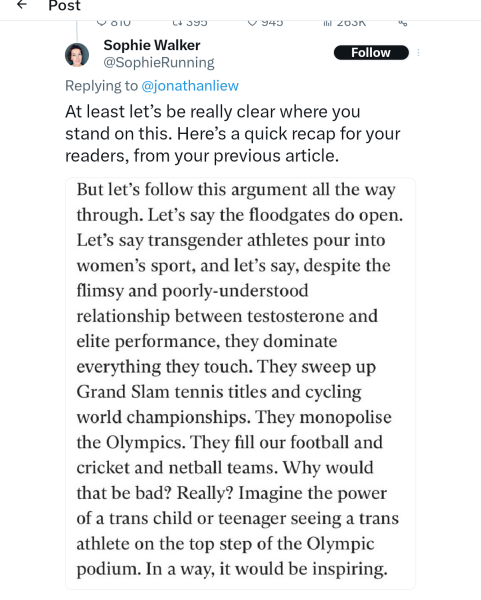 Get back in your box women, you're a right wing animal if you think men should be kept out of sport. "Why have rightwingers made even parkrun a battleground for trans people?"