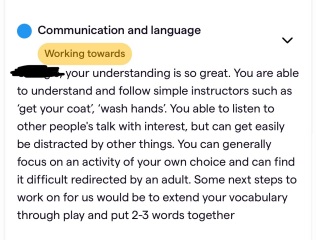 Nursery observation for a 2 year old 'working towards'. What does that mean? Behind?