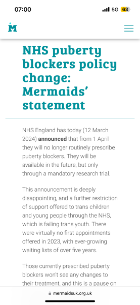 No more puberty blockers for children from the NHS - reported in the Times!