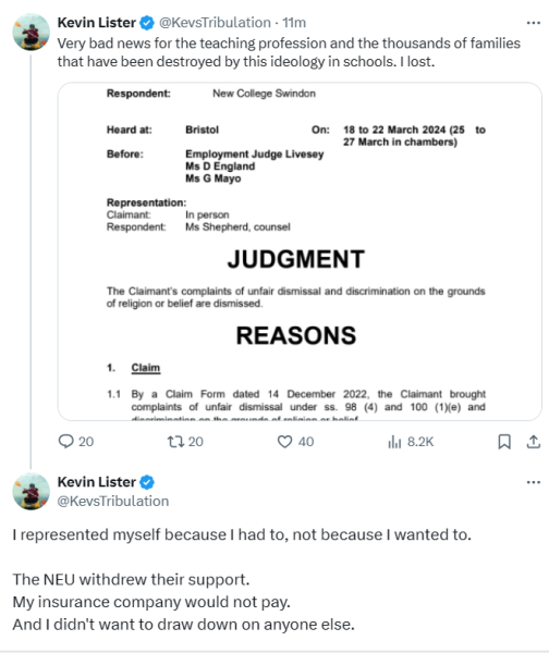 Teacher Kevin Lister's court case starts today on Tribunal Tweets