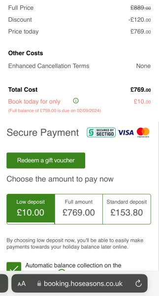 Hoseasons £10 deposit beware