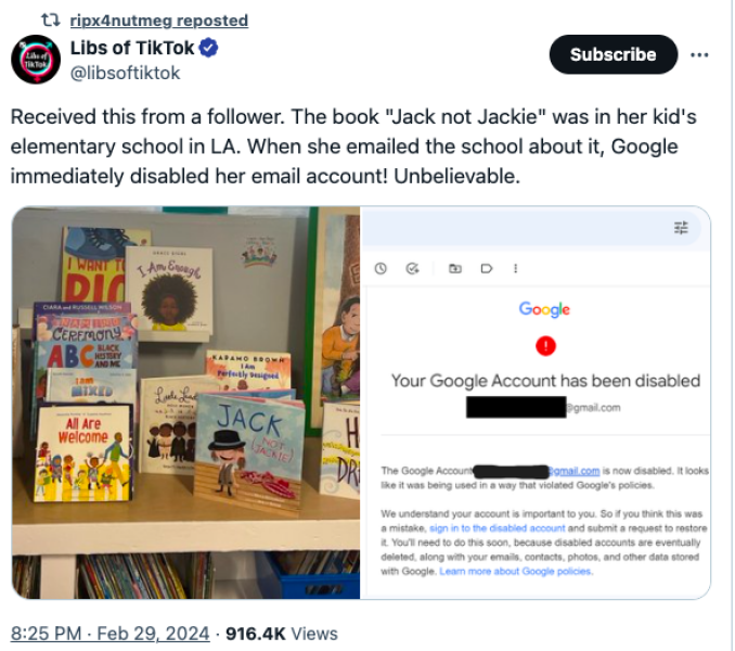Libs of TikTok - parent's email account disabled by Google after complaining about a book