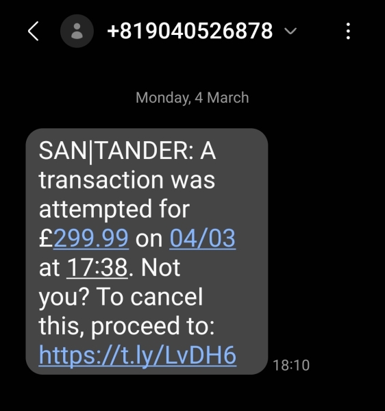 Horrible, horrible scammers - text from San|tander