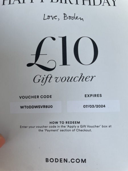 Boden £10 gift voucher - use by 7 March