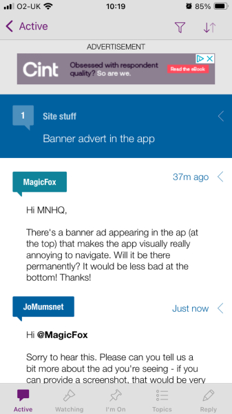 Banner advert in the app