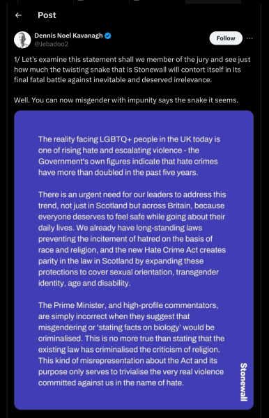 Stonewall states that “misgendering” isn’t a crime