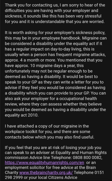 Migraine absences = attendance review meeting