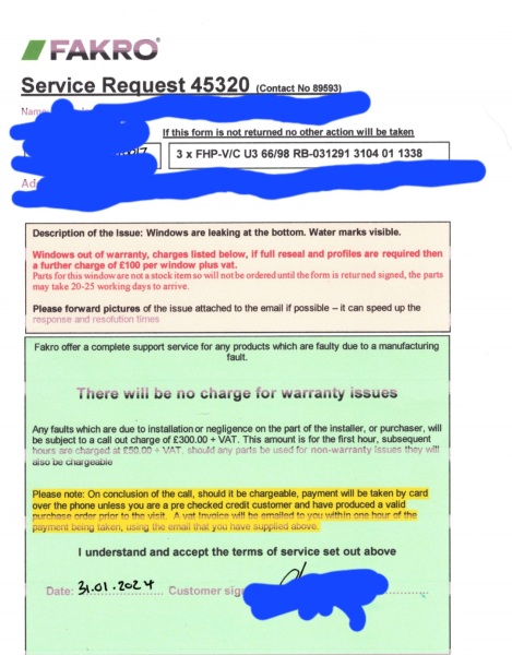 Being billed for service of windows in warranty