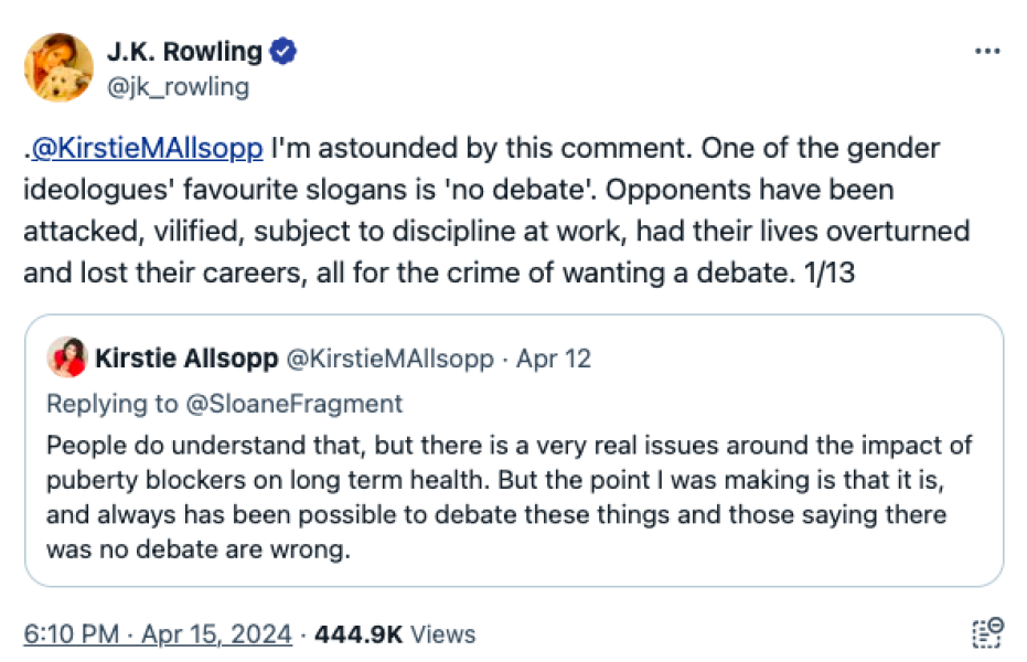 JKR re: Kirstie Allsopp's "those saying there was no debate are wrong"