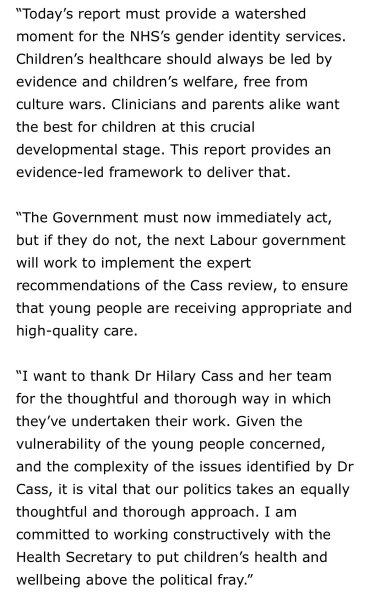 Wes Streeting (Labour Shadow Health Secretary) pledges "support for the Cass Review’s evidence-led recommendations and our determination to put children’s health and wellbeing above the political fray"