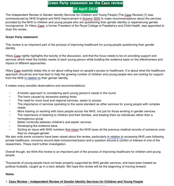 Political party responses to the Cass Review