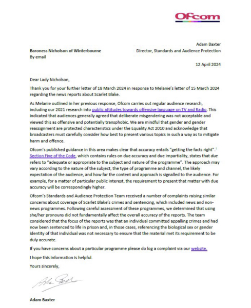 Another cracking letter from the Baroness.