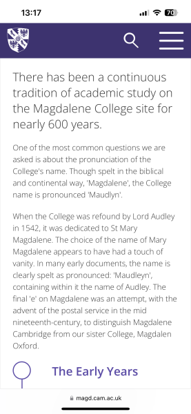 Dream name Magdalene - but living in Cambridge!