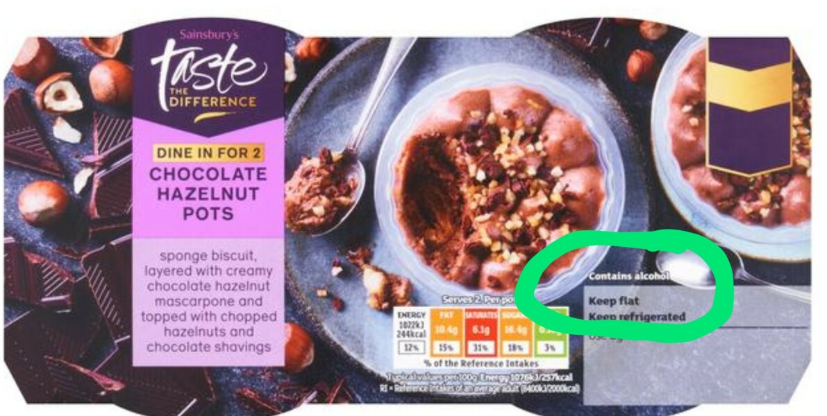 Alcohol in pudding not clearly displayed
