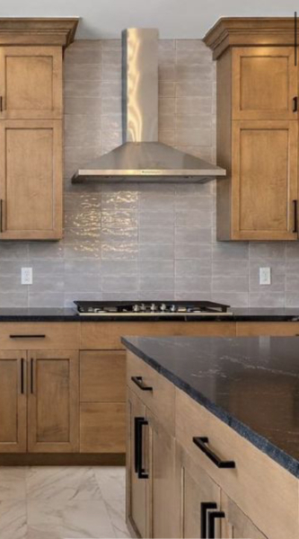 Black quartz work tops in kitchen