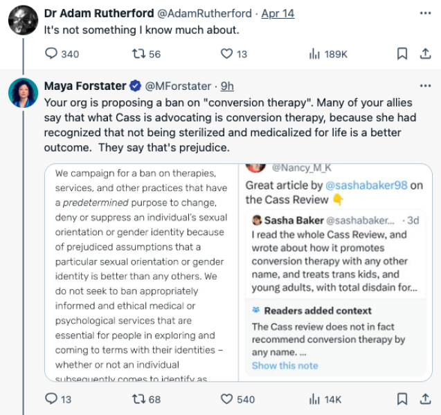 Maya Forstater has challenged Adam Rutherford and Ben Goldacre to set Bragg straight about Cass and systematic reviews