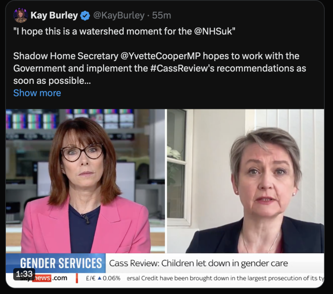 Wes Streeting (Labour Shadow Health Secretary) pledges "support for the Cass Review’s evidence-led recommendations and our determination to put children’s health and wellbeing above the political fray"