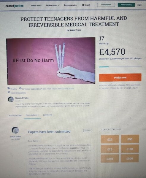 Susan Evans is trying to get a Judical Review to set aside the registration by the CQC of Gender Plus Hormone Clinic