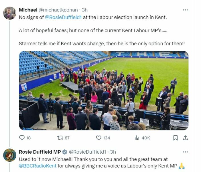 Rosie duffield not invited to Labour's electiuon launch in Kent...