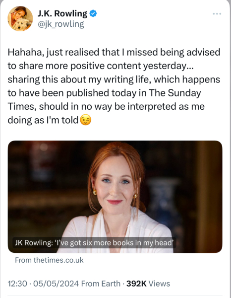 Elon Musk asks JKR to start “posting interesting and positive content on other matters”.