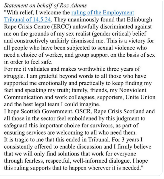 Reports Roz Adams successful in her action against Edinburgh Rape Crisis Centre