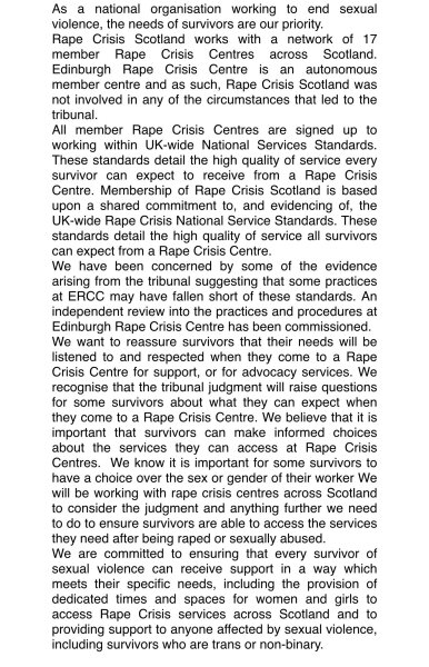 Reports Roz Adams successful in her action against Edinburgh Rape Crisis Centre