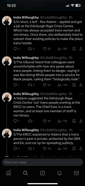 Reports Roz Adams successful in her action against Edinburgh Rape Crisis Centre