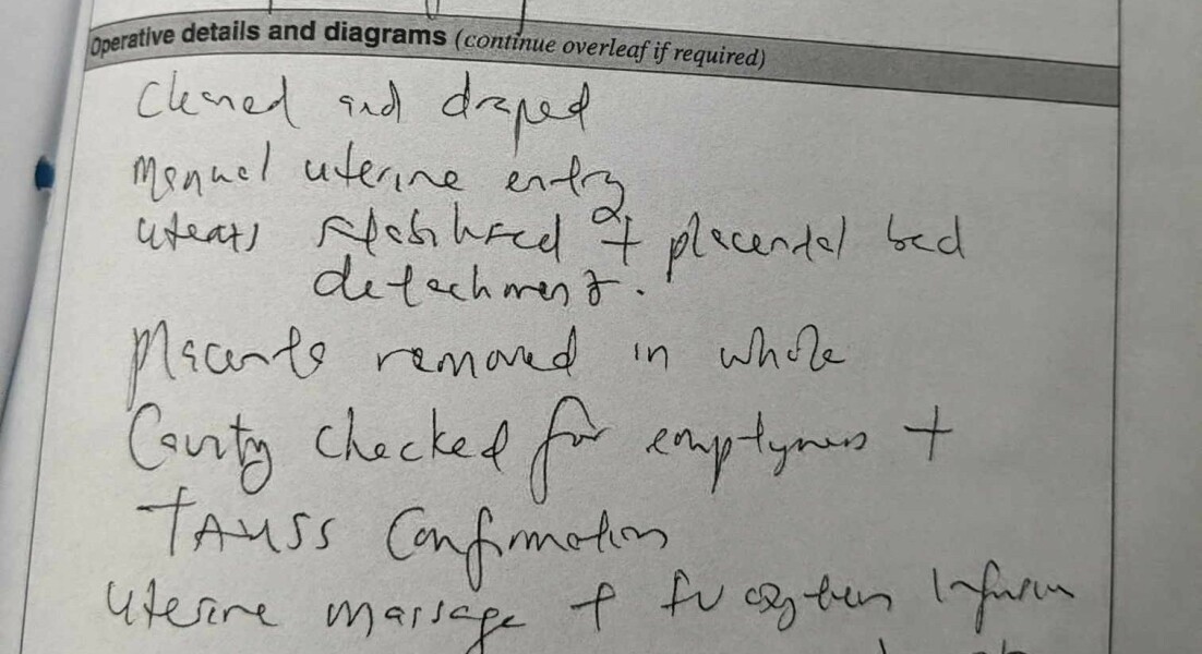 Can't read notes from surgery to manually remove placenta - what does this say?