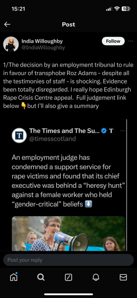Reports Roz Adams successful in her action against Edinburgh Rape Crisis Centre