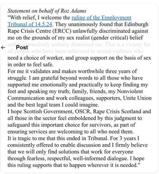 Reports Roz Adams successful in her action against Edinburgh Rape Crisis Centre
