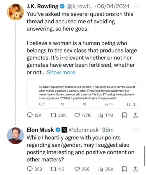 Elon Musk asks JKR to start “posting interesting and positive content on other matters”.