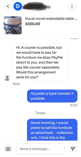 Buyer wants to use courier for collection only furniture item