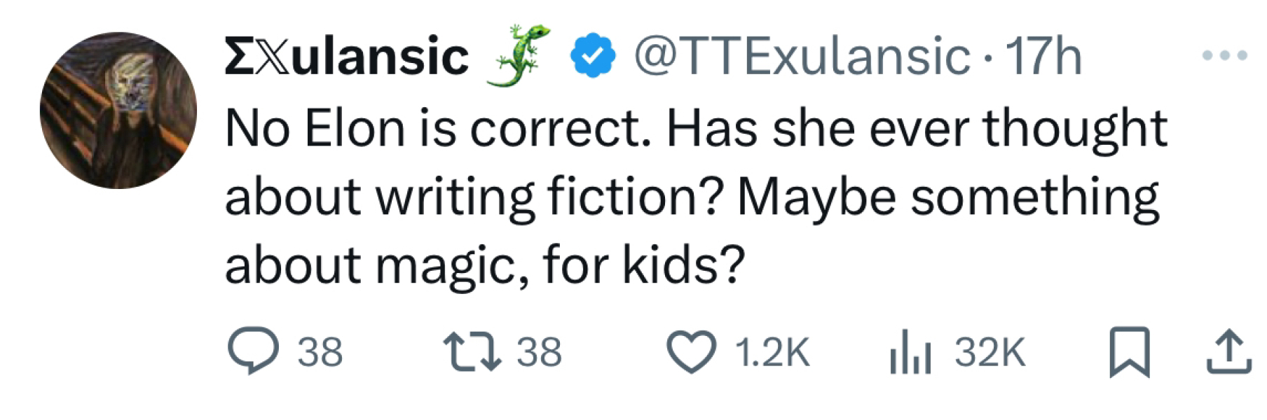 Elon Musk asks JKR to start “posting interesting and positive content on other matters”.