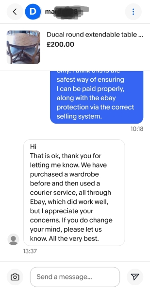 Buyer wants to use courier for collection only furniture item