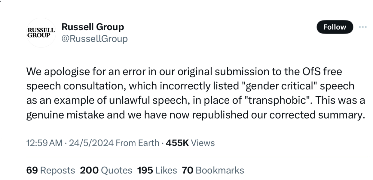 Russell Group statement says Gender Critical Speech unlawful  then backtrack