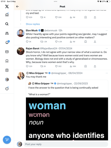 Elon Musk asks JKR to start “posting interesting and positive content on other matters”.