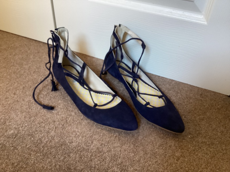 Velvet navy wide leg trousers - what shoes? Please help a style-free woman in need!