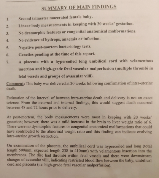 Post mortem Report of miscarriage at 20 weeks