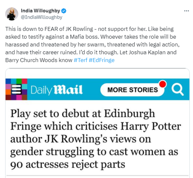 Scores of actresses turn down roles in play critical of JK Rowling’s gender views.