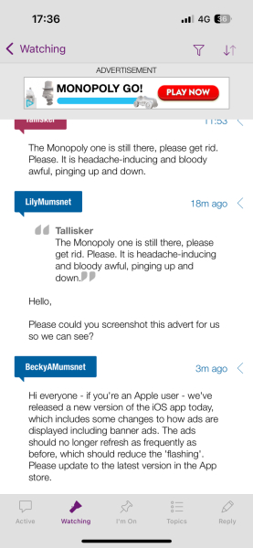 Banner advert in the app