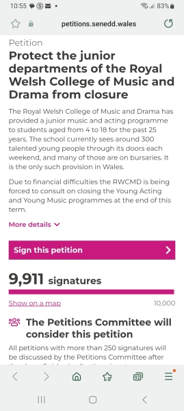 900 more signatures needed in a week, please HELP save the Junior Department at the Royal Welsh College of Music and Drama!
