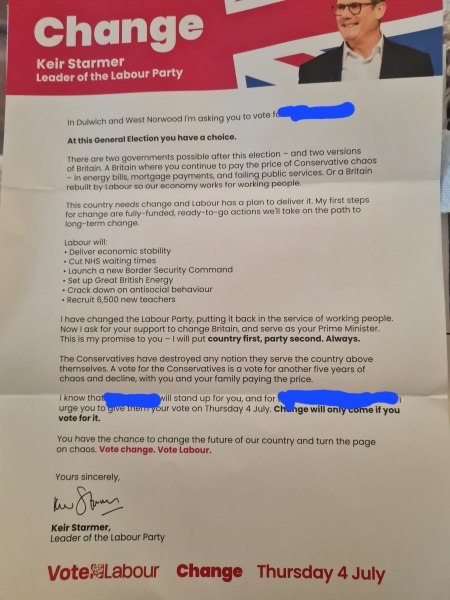 Arrogantly complacent leaflet from Labour written as though Starmer is running for President