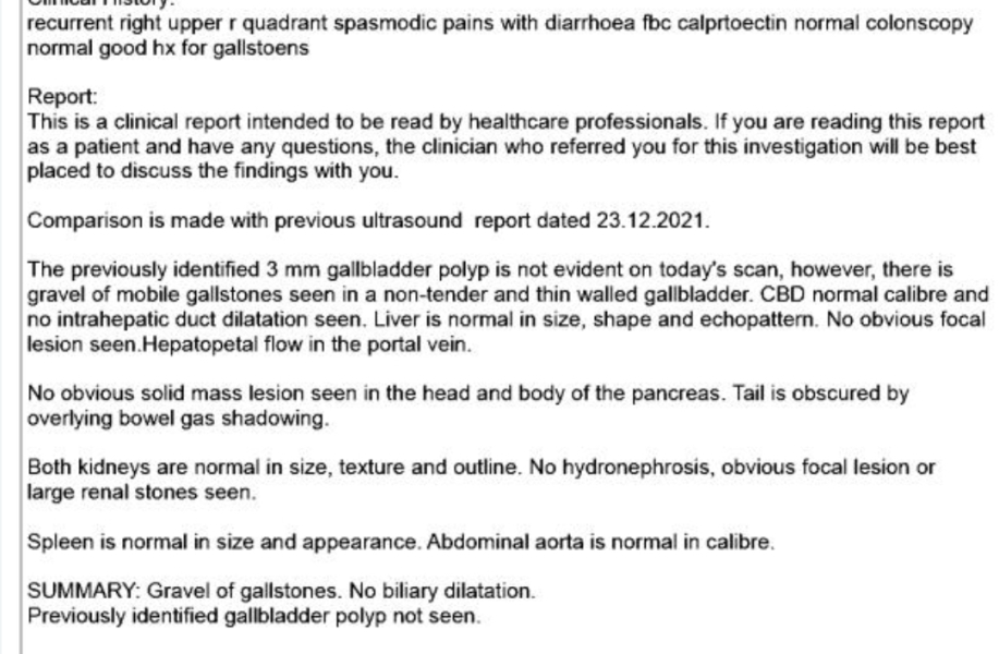 Gallbladder ultrasound results (pic inc)