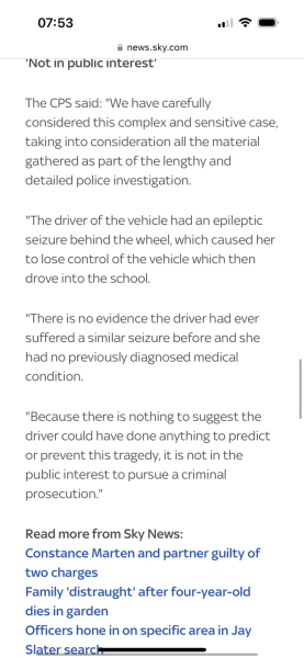 The driver in the Wimbledon school accident won't be charged?