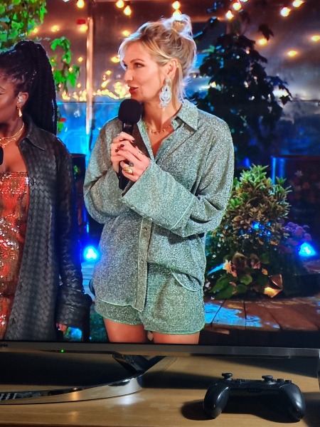 Jo Wiley's outfit on Glastonbury