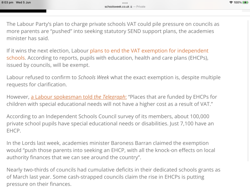 to suggest that every single parent with a child at private school apply for a state school place asap?