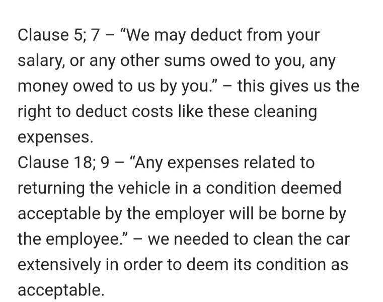 £180 deducted from my final salary for car cleaning