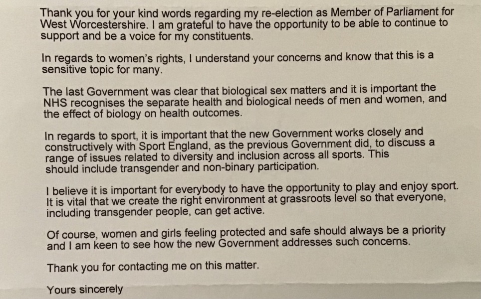 Write to your new MP, if you voted for them or not, and ask them to support women's rights, spaces and sports and protect and safeguard children. 2minute email, will help the cause