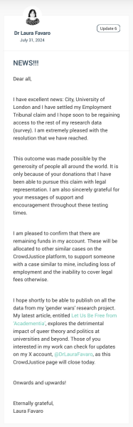 Dr Laura Favaro is taking City University to an employment tribunal